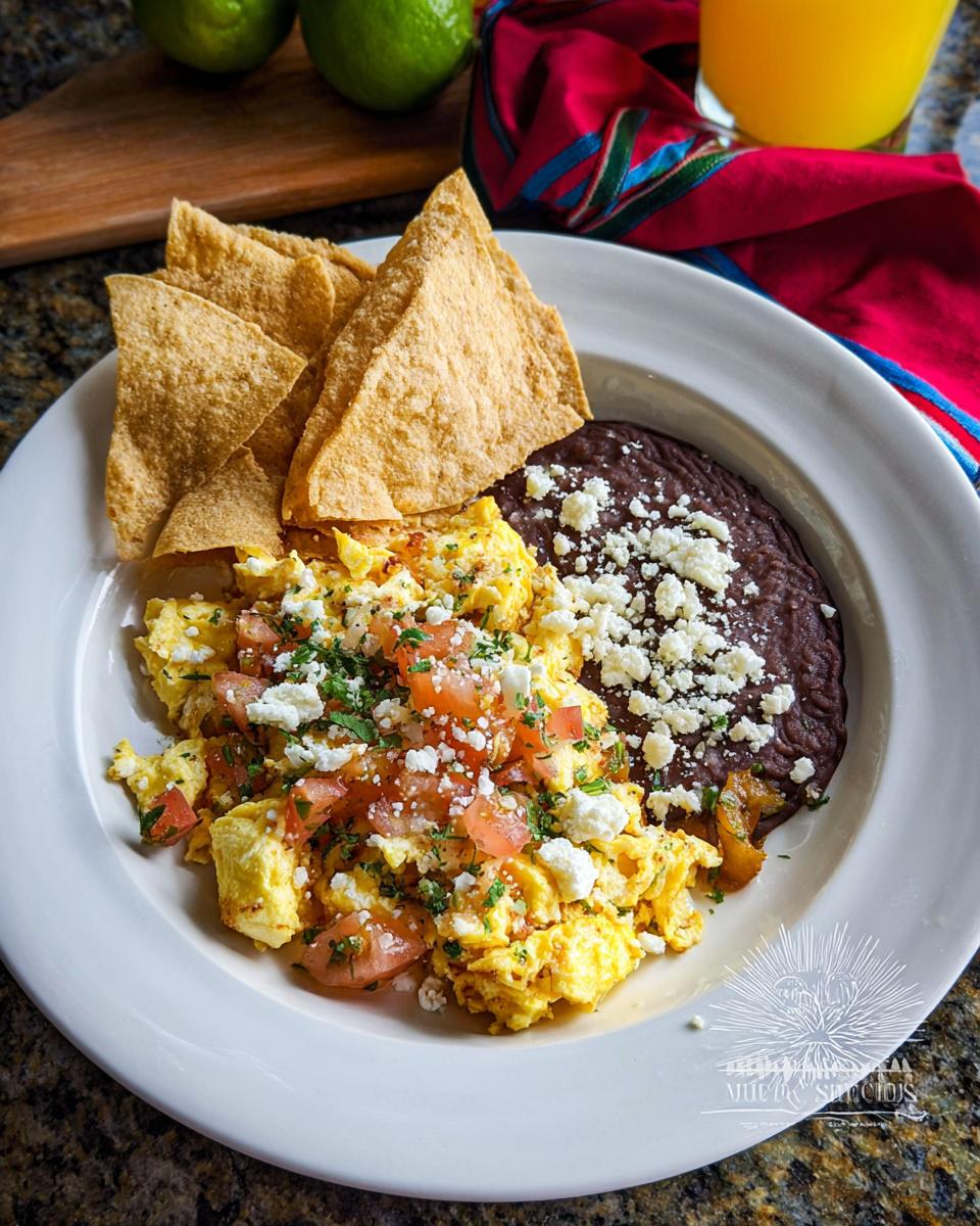 A plate of scrambled Mexican eggs topped with diced tomatoes and crumbled cheese, served with refried beans and tortilla chips.