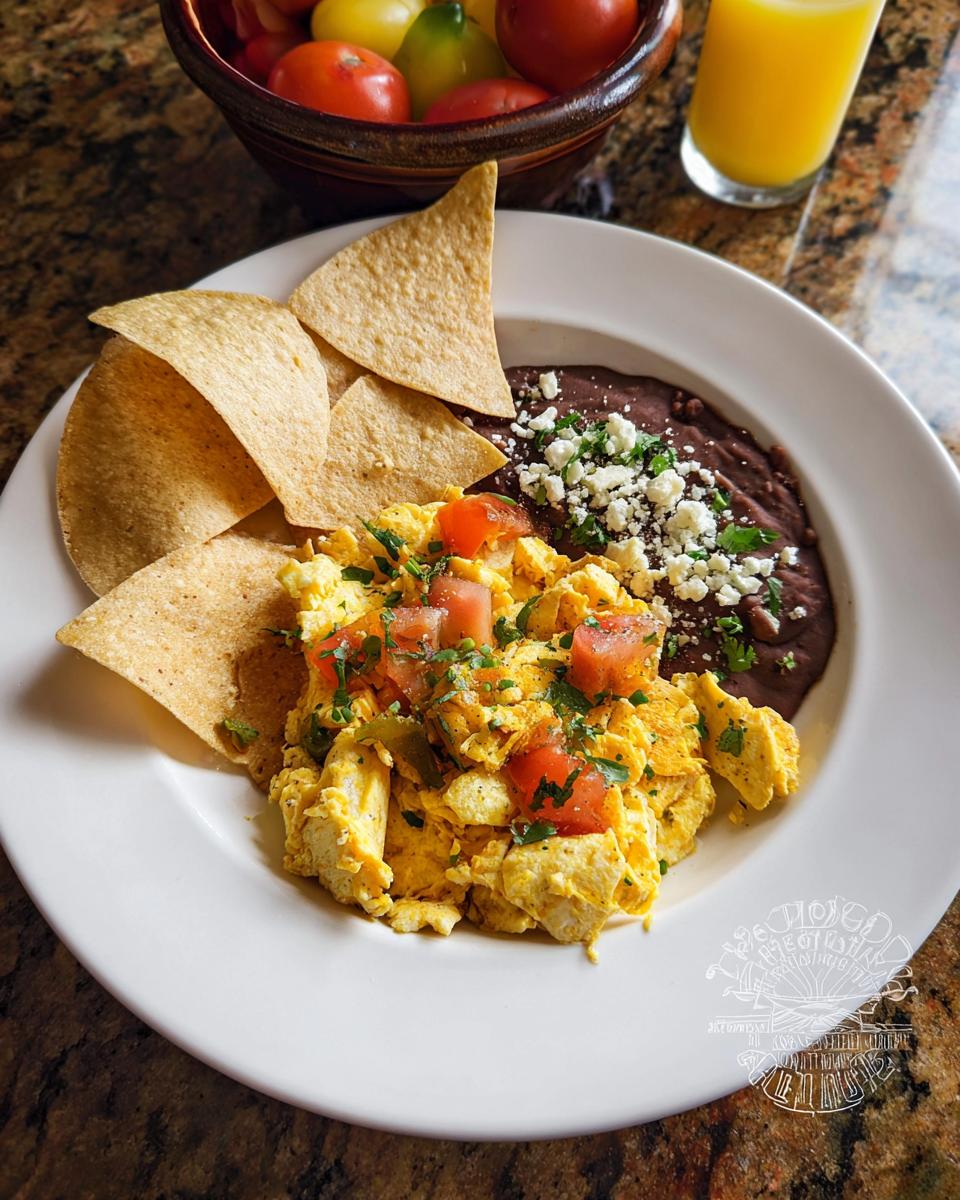 A plate of scrambled Mexican eggs topped with diced tomatoes and cilantro, served with refried beans and tortilla chips.