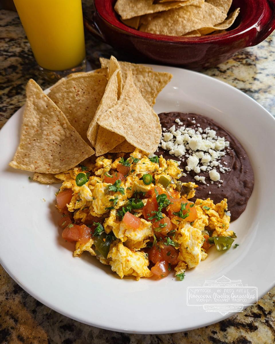 A plate of scrambled Mexican Eggs with tomatoes, peppers, cilantro, served with refried beans and tortilla chips.