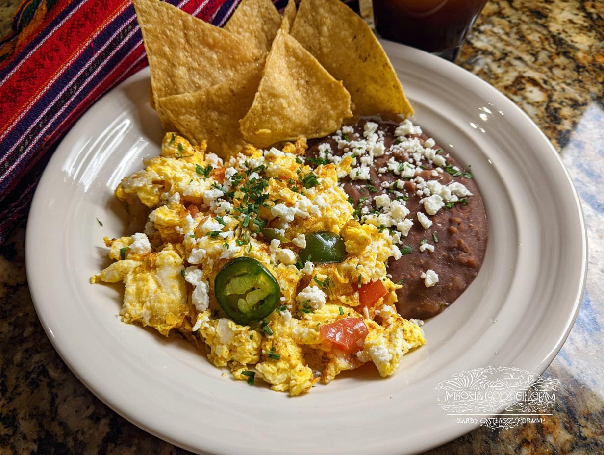 Scrambled Mexican Eggs with diced tomatoes, jalapeños, crumbled cheese, refried beans, and tortilla chips.