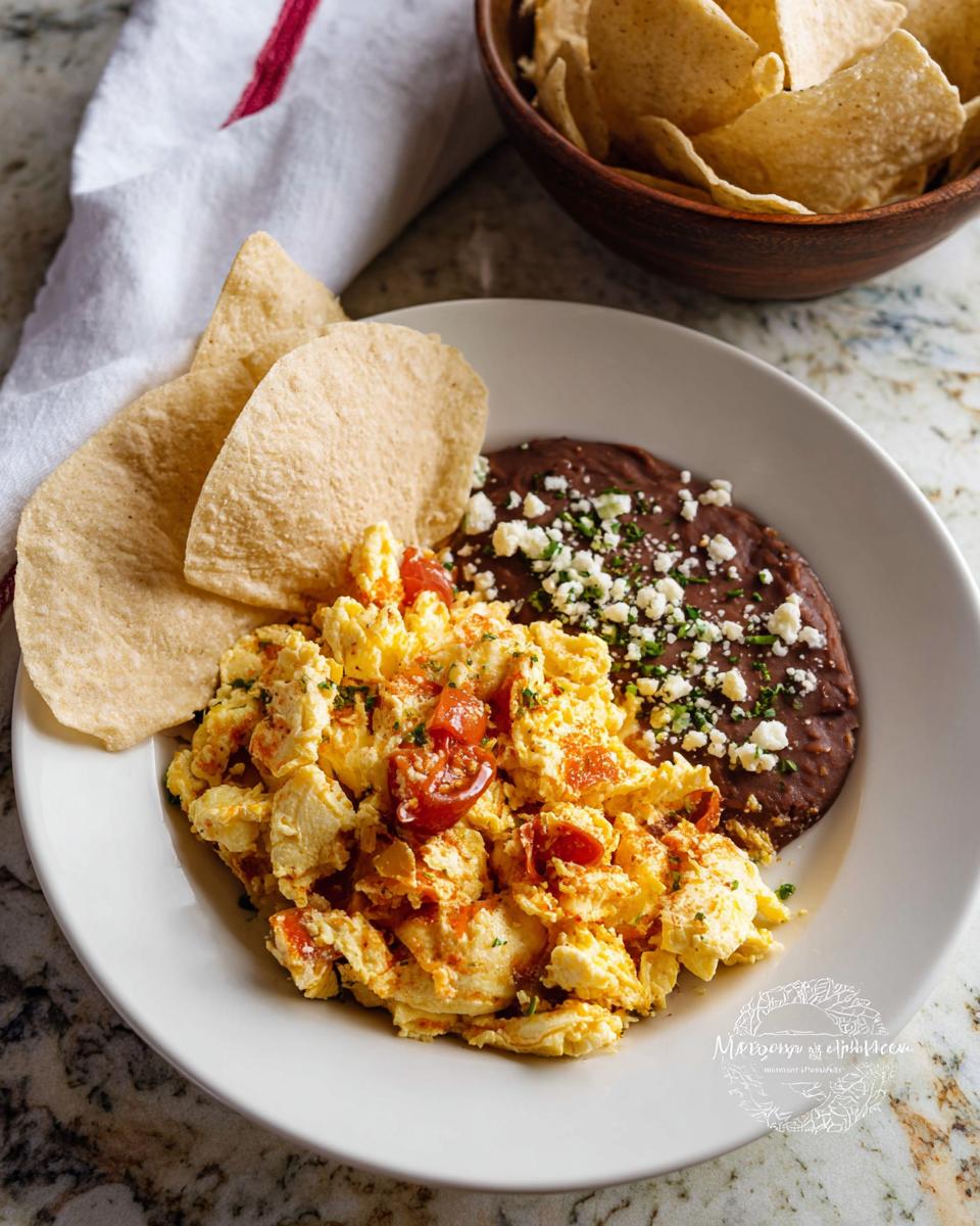 A plate of scrambled Mexican eggs with chopped tomatoes, refried beans topped with crumbled cheese, and tortilla chips.