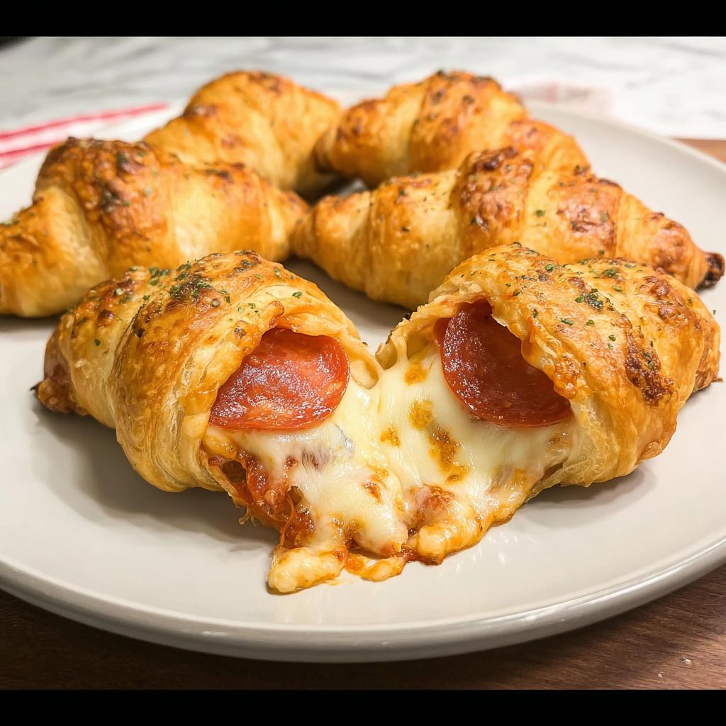 Close-up of delicious mozzarella pepperoni croissant rolls, with cheese oozing out.