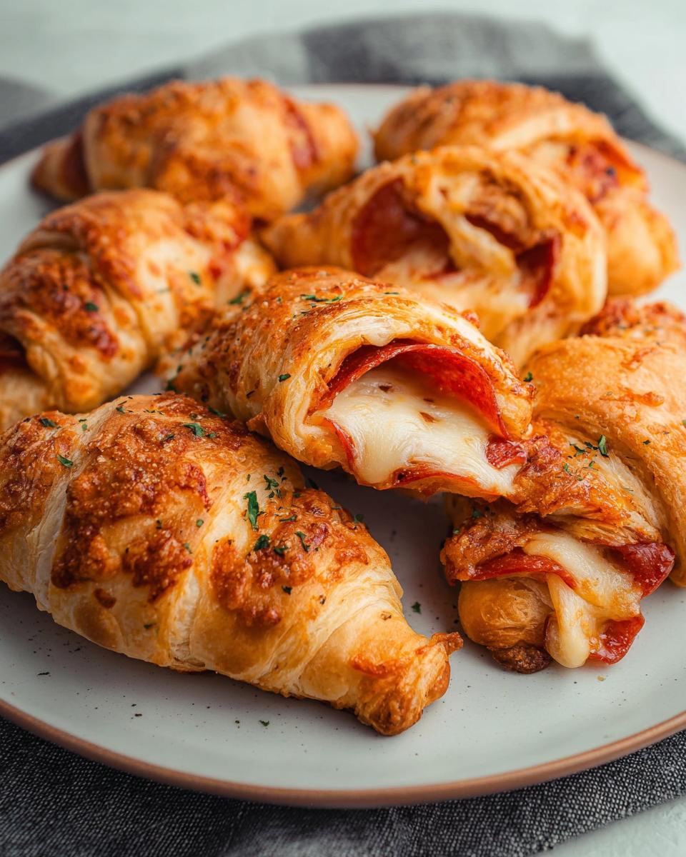 A plate of golden-brown mozzarella pepperoni croissant rolls, with one showing a gooey cheese and pepperoni filling.