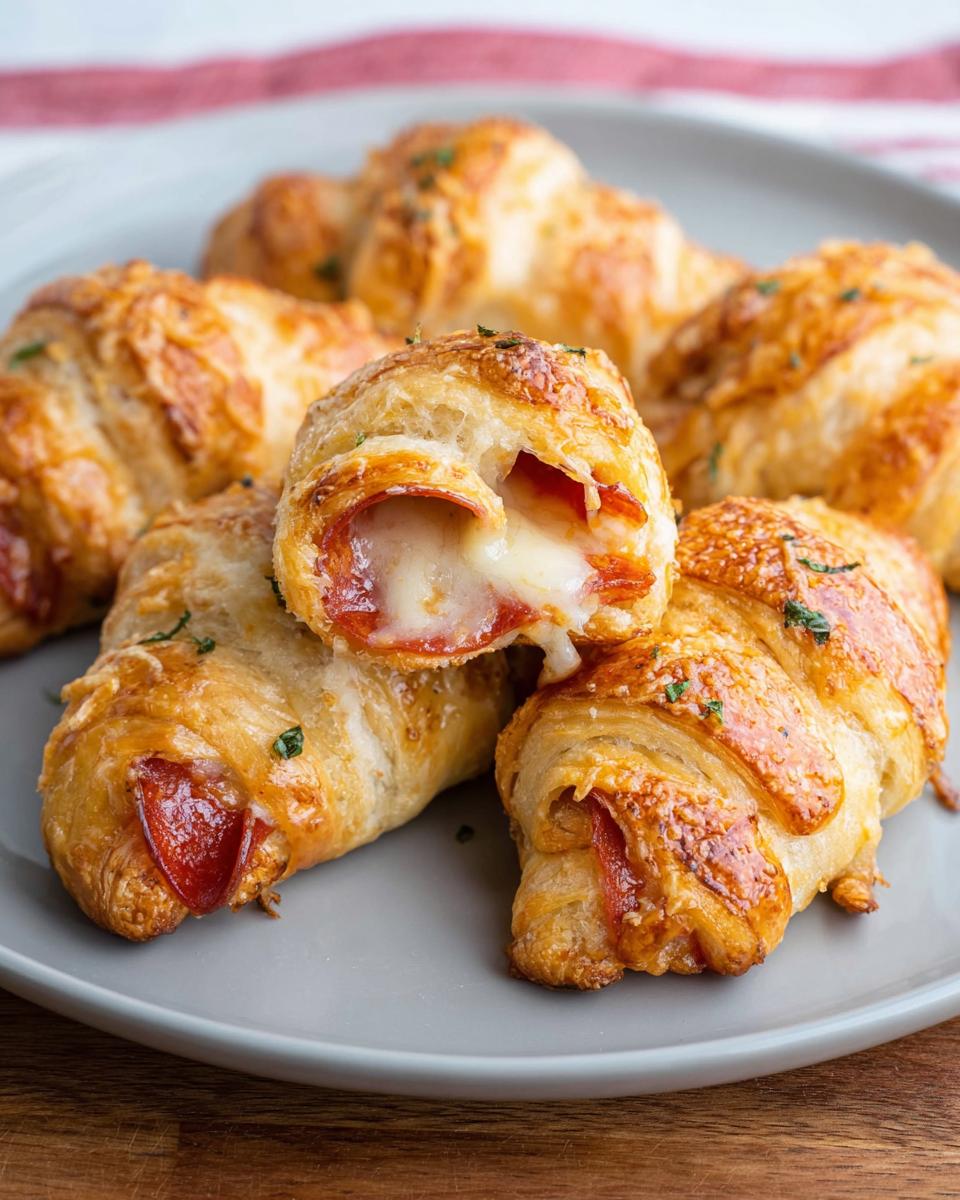 Close-up of delicious mozzarella pepperoni croissant rolls, one cut open showing melted cheese and pepperoni.