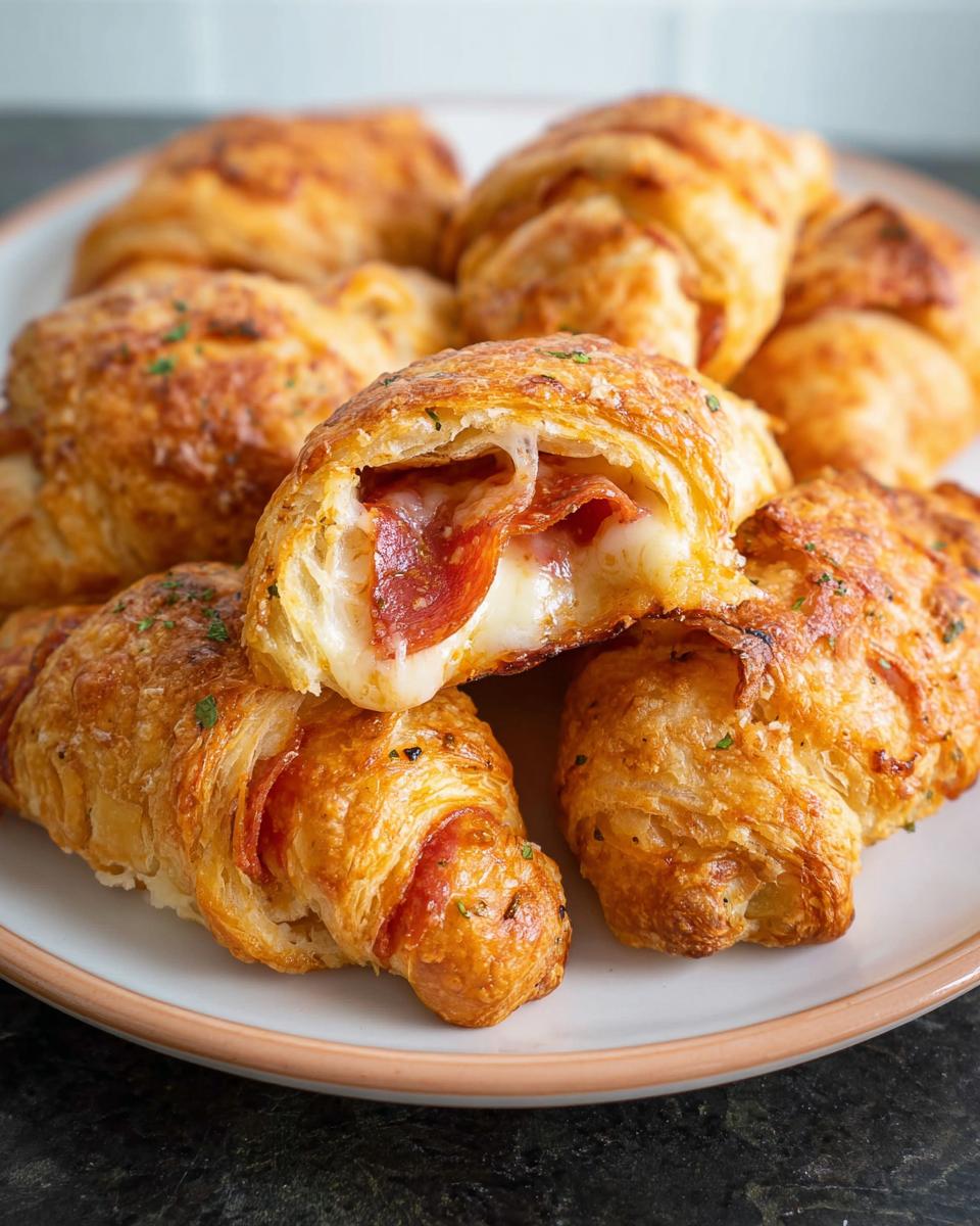 A plate of golden-brown mozzarella pepperoni croissant rolls, with one cut open to reveal melted cheese and pepperoni.