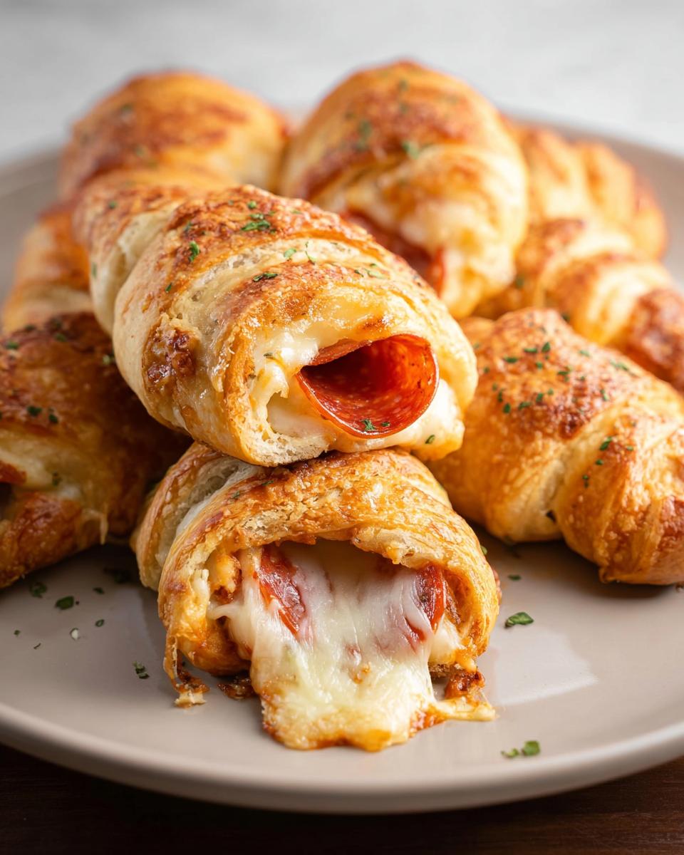 Close-up of delicious mozzarella pepperoni croissant rolls, with melted cheese oozing out.