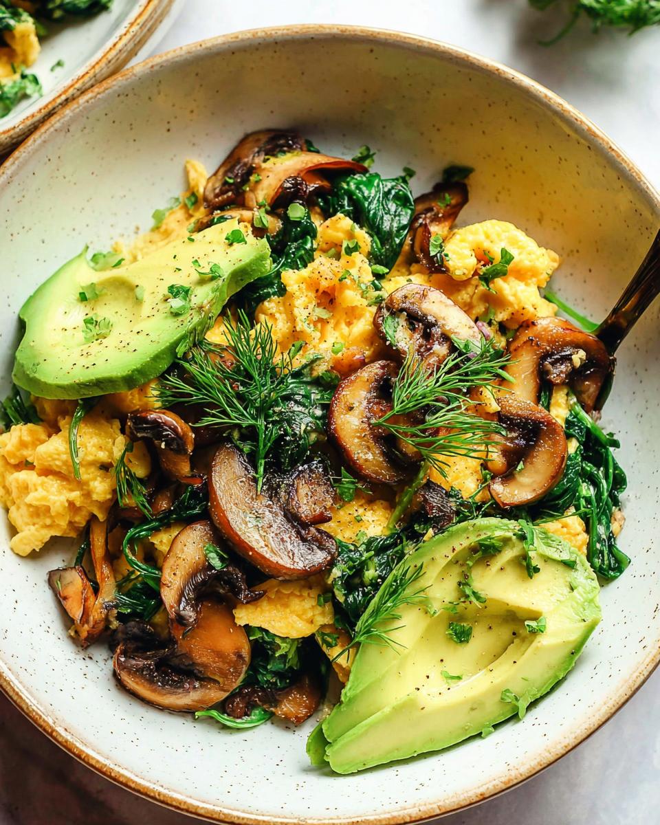 A close-up of fluffy Mushroom Spinach Scrambled Eggs topped with fresh avocado slices and dill.
