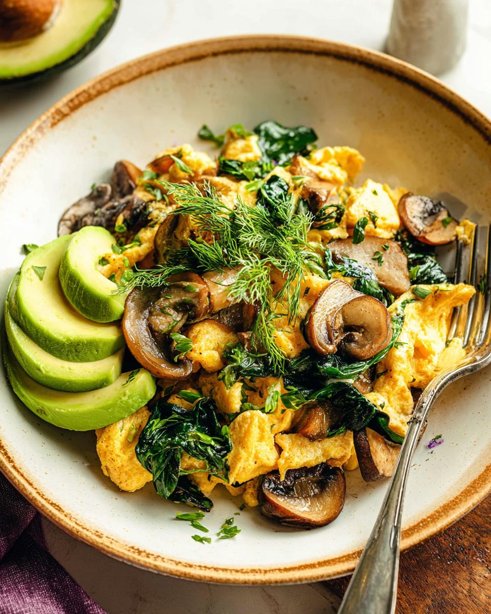 A delicious plate of Mushroom Spinach Scrambled Eggs served with sliced avocado and fresh dill.