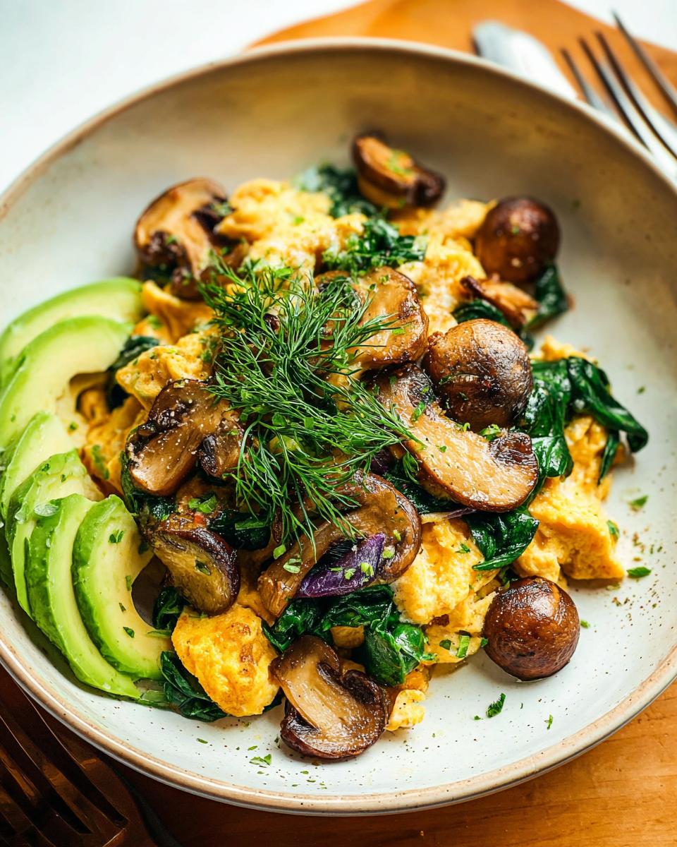 A close-up of Mushroom Spinach Scrambled Eggs served with sliced avocado and fresh dill.