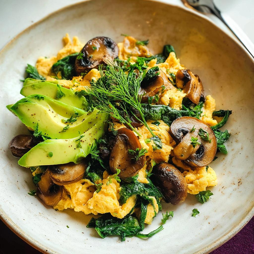 A delicious bowl of Mushroom Spinach Scrambled Eggs topped with fresh avocado slices and dill.