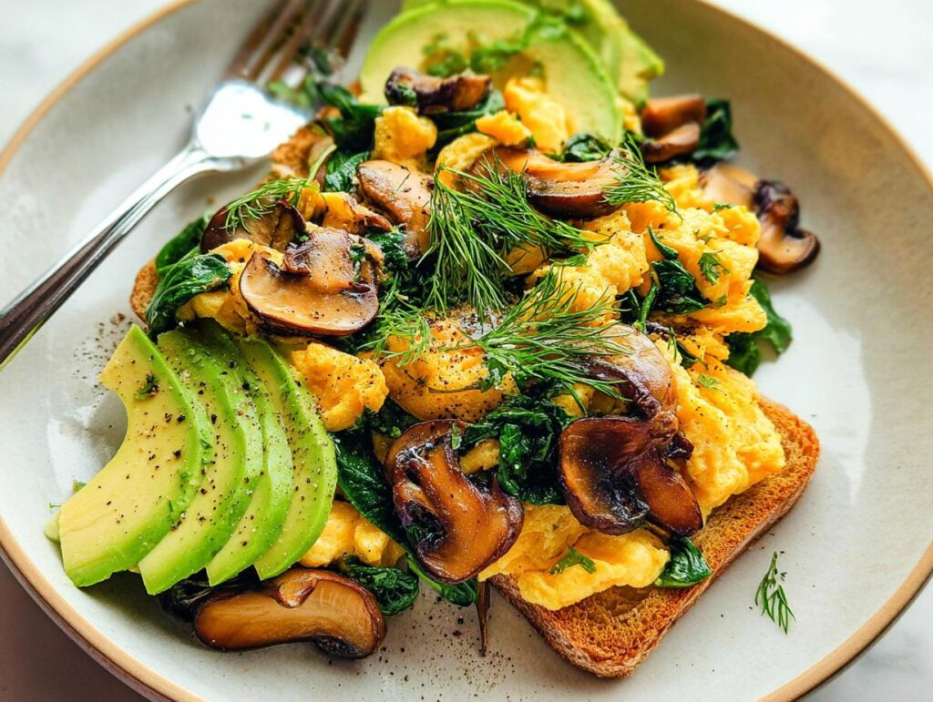 Delicious Mushroom Spinach Scrambled Eggs served on toast with avocado slices and fresh dill.