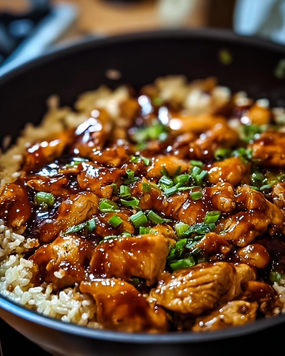 A close-up of One-Pan Honey BBQ Chicken Rice in a skillet, topped with chopped green onions.