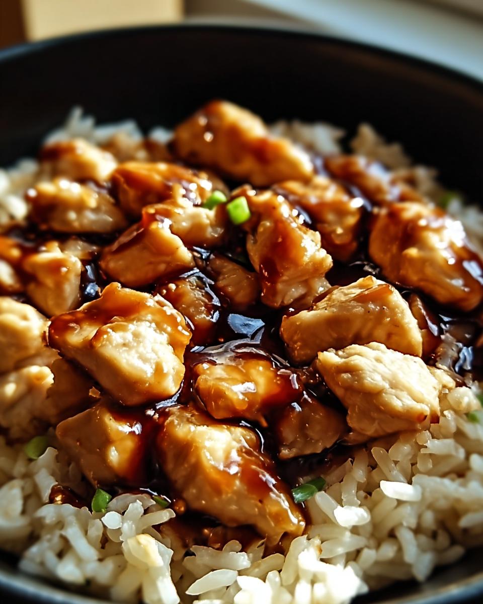 A close-up shot of delicious One-Pan Honey BBQ Chicken Rice, featuring tender chicken pieces coated in BBQ sauce over fluffy white rice.