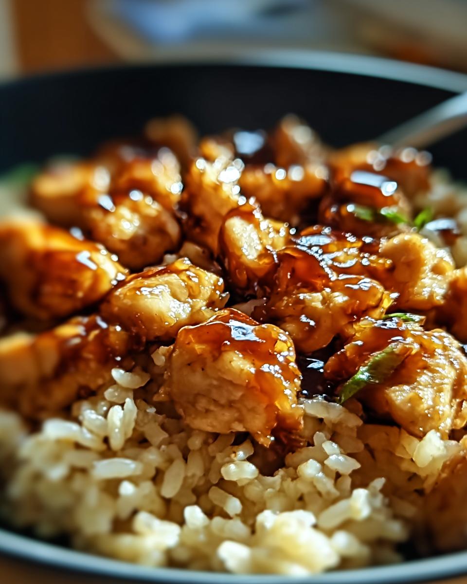 Close-up of a bowl of One-Pan Honey BBQ Chicken Rice, with glazed chicken pieces on top of fluffy rice.