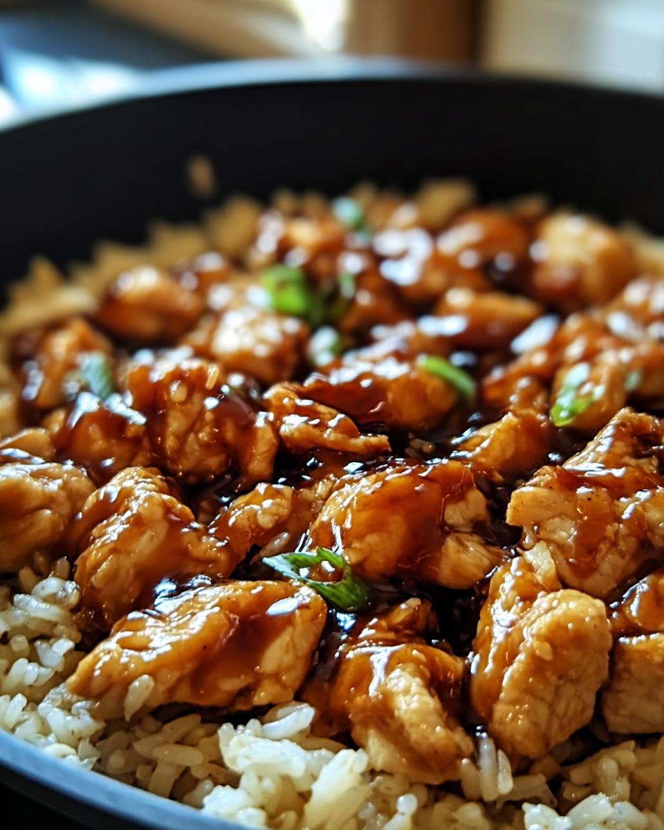 Close-up of tender chicken pieces coated in glossy Honey BBQ sauce served over fluffy rice, garnished with green onions.