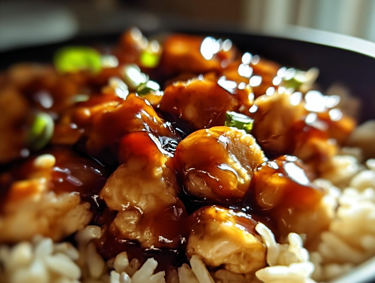 Close-up of tender chicken pieces coated in glossy honey BBQ sauce served over fluffy rice, garnished with green onions.