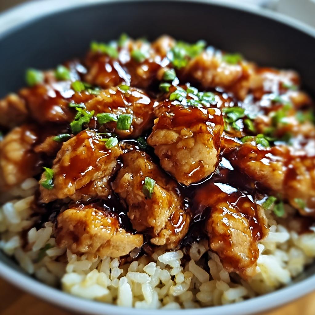Close-up of a bowl of One-Pan Honey BBQ Chicken Rice, topped with chopped green onions.