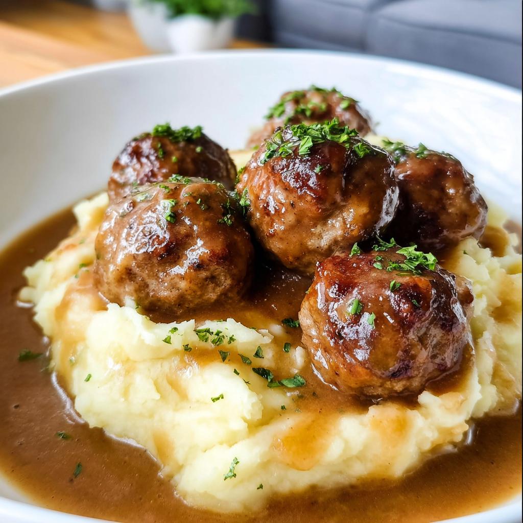 A close-up of Salisbury steak meatballs served over creamy garlic herb mashed potatoes, drizzled with gravy and garnished with parsley.