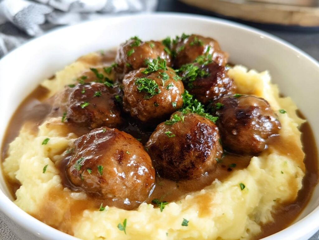 A bowl of Salisbury steak meatballs served over creamy garlic herb mashed potatoes, garnished with parsley.