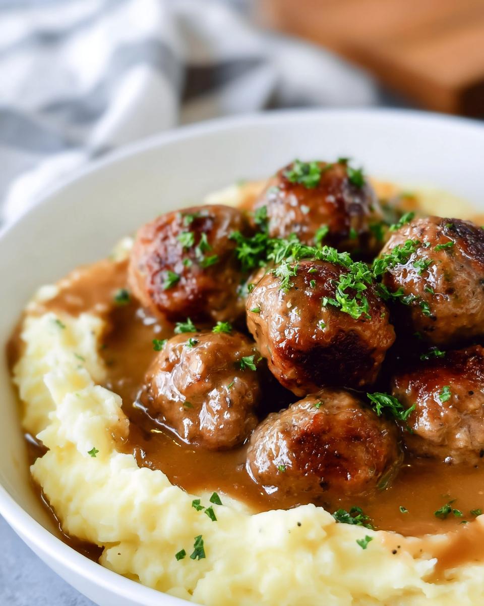A close-up of Salisbury steak meatballs smothered in gravy, served over creamy garlic herb mashed potatoes and garnished with parsley.