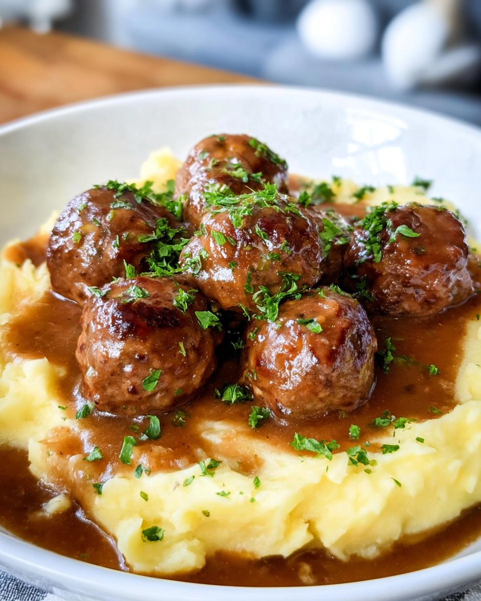 Close-up of Salisbury Steak Meatballs smothered in gravy, served over creamy Garlic Herb Mashed Potatoes and garnished with parsley.