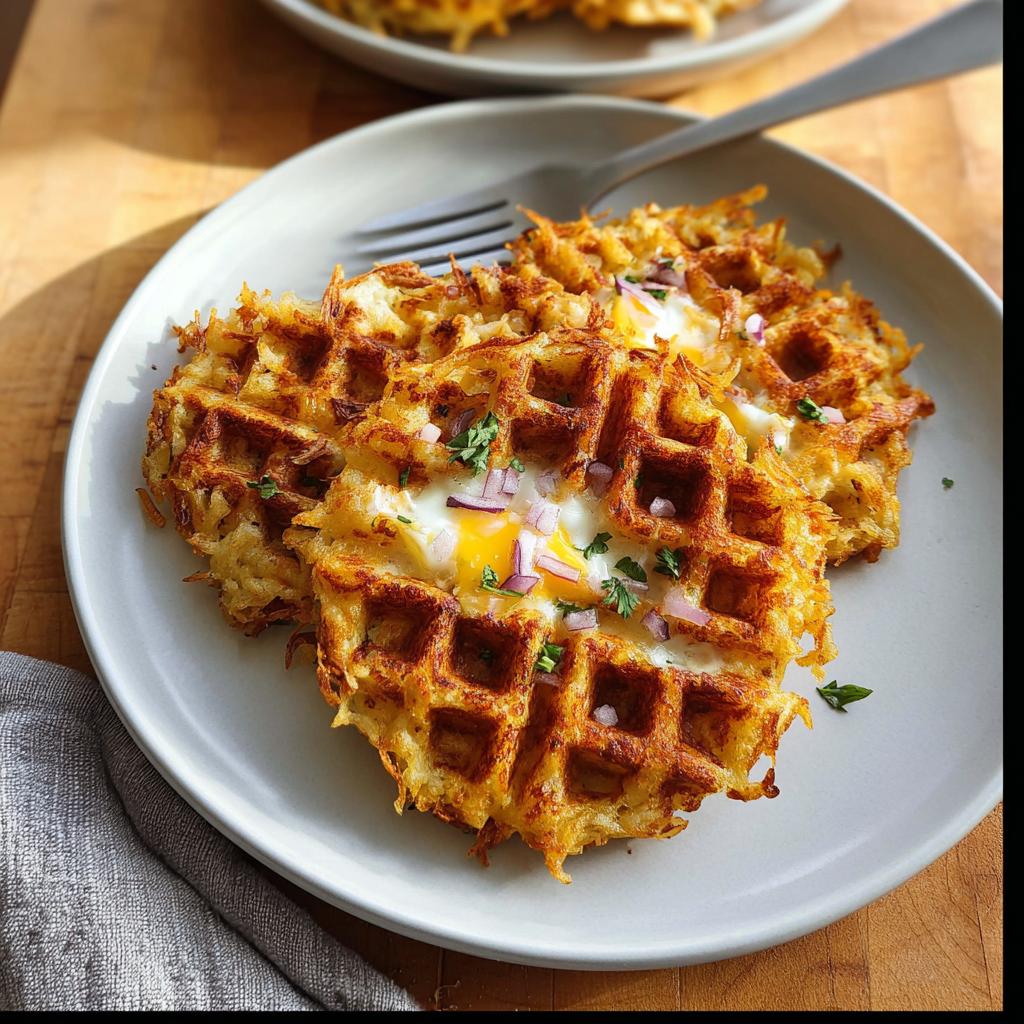 A golden-brown Savory Hashbrown Chaffle with a perfectly cooked egg in the center, topped with red onion and parsley.