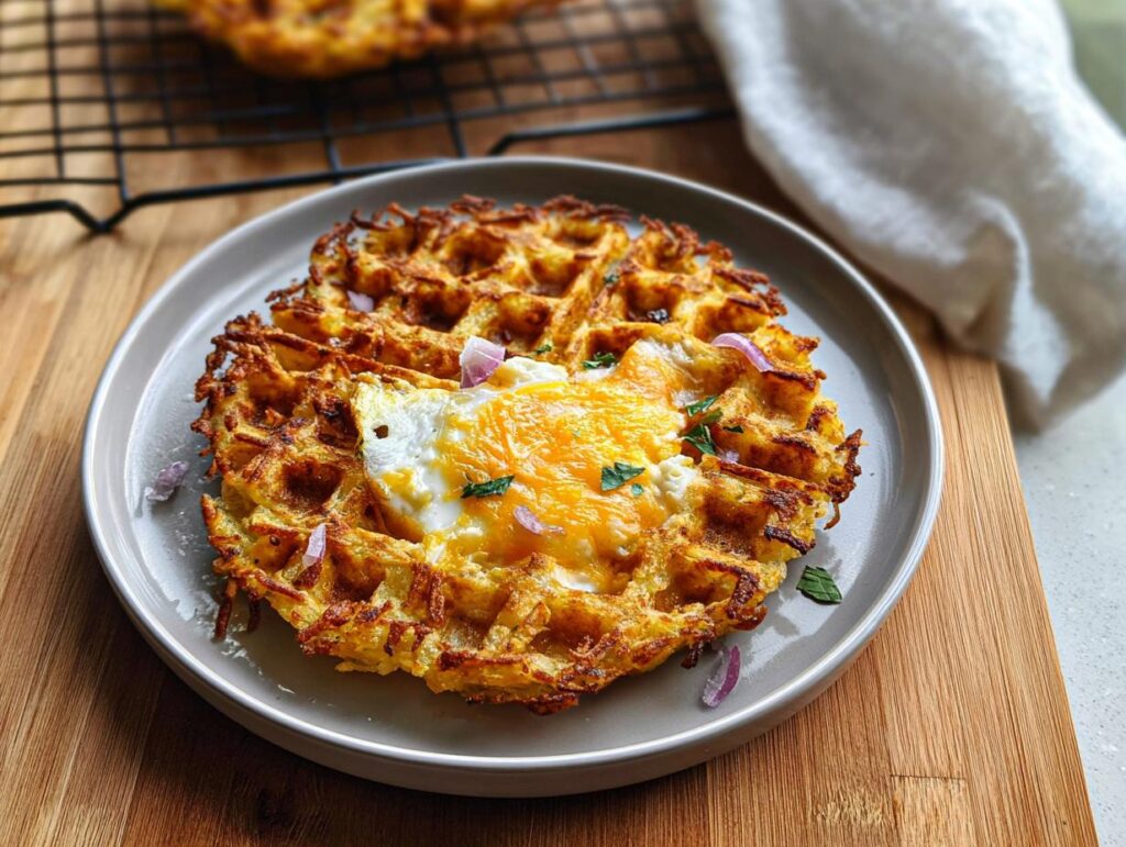 A golden-brown savory hashbrown chaffle topped with a fried egg and melted cheese, garnished with red onion and parsley.