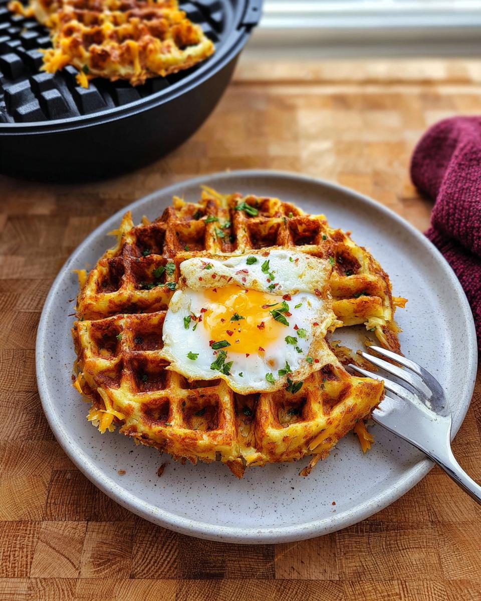 A golden-brown Savory Hashbrown Chaffle topped with a perfectly fried egg and fresh parsley.