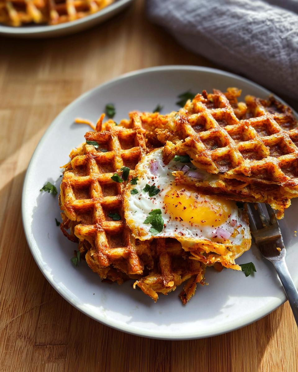 A delicious Savory Hashbrown Chaffle topped with a perfectly fried egg and fresh parsley.