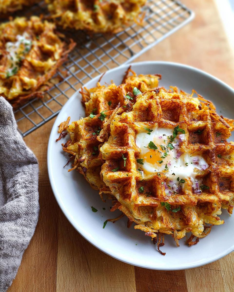 A close-up of a savory hashbrown chaffle topped with a fried egg and chopped red onion, garnished with parsley.