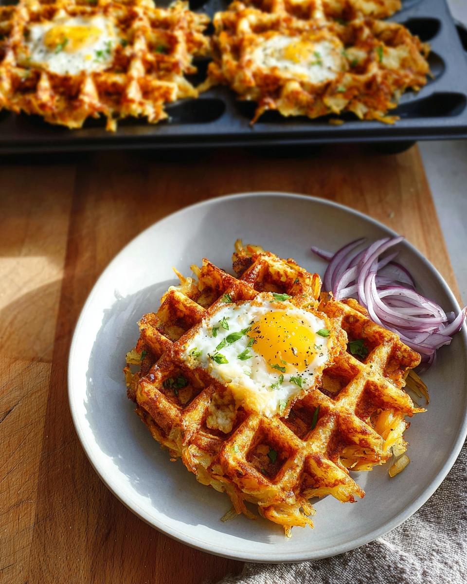 A golden-brown savory hashbrown chaffle topped with a perfectly fried egg and fresh parsley, served with sliced red onion.