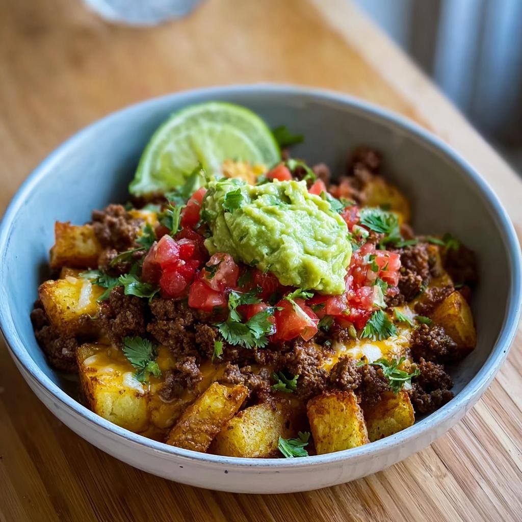 A delicious Schnelle Kartoffel Taco Bowl Meal Prep featuring crispy potatoes, seasoned ground beef, melted cheese, fresh pico de gallo, guacamole, and a lime wedge.