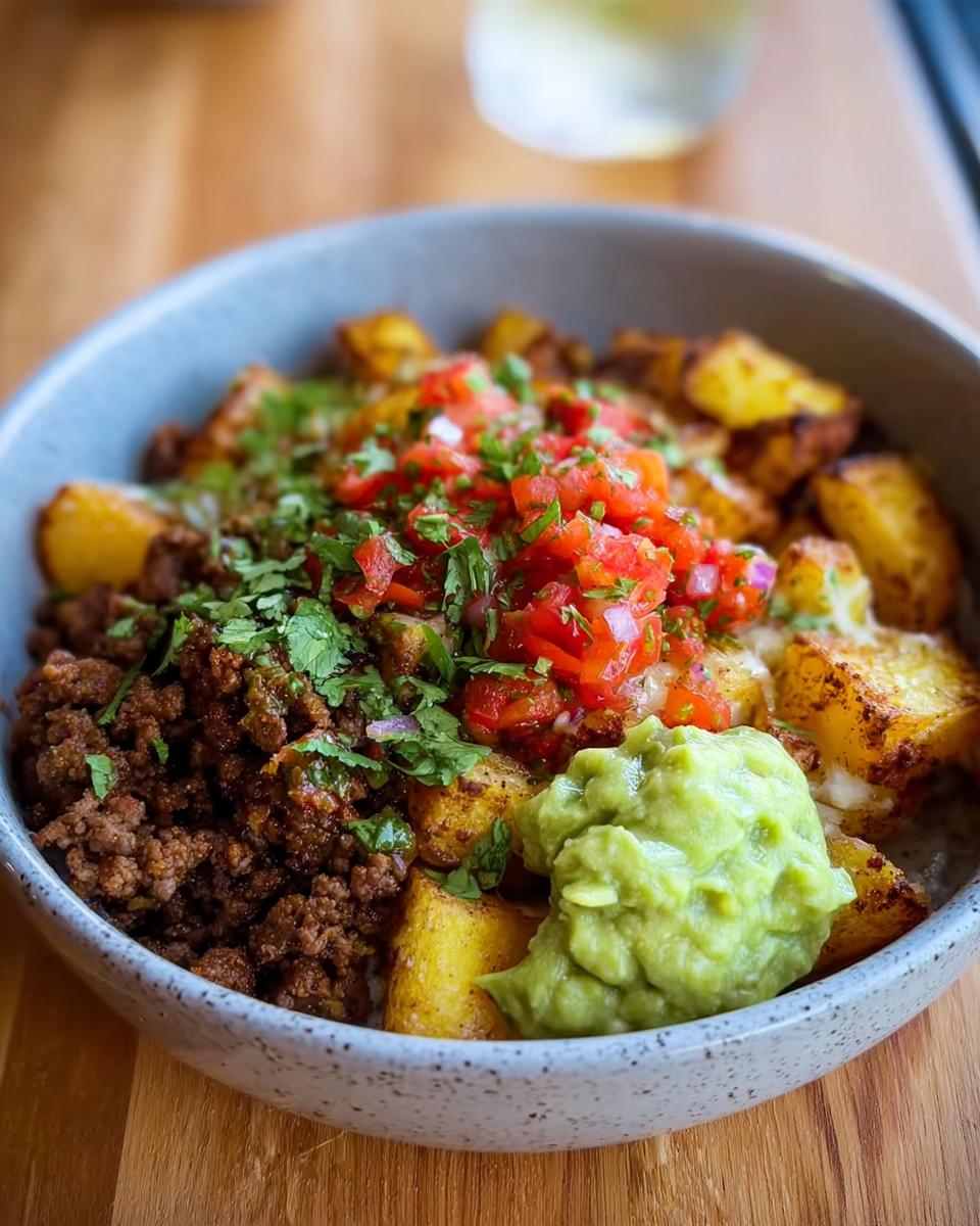 A delicious Schnelle Kartoffel Taco Bowl Meal Prep with seasoned ground beef, roasted potatoes, pico de gallo, and guacamole.