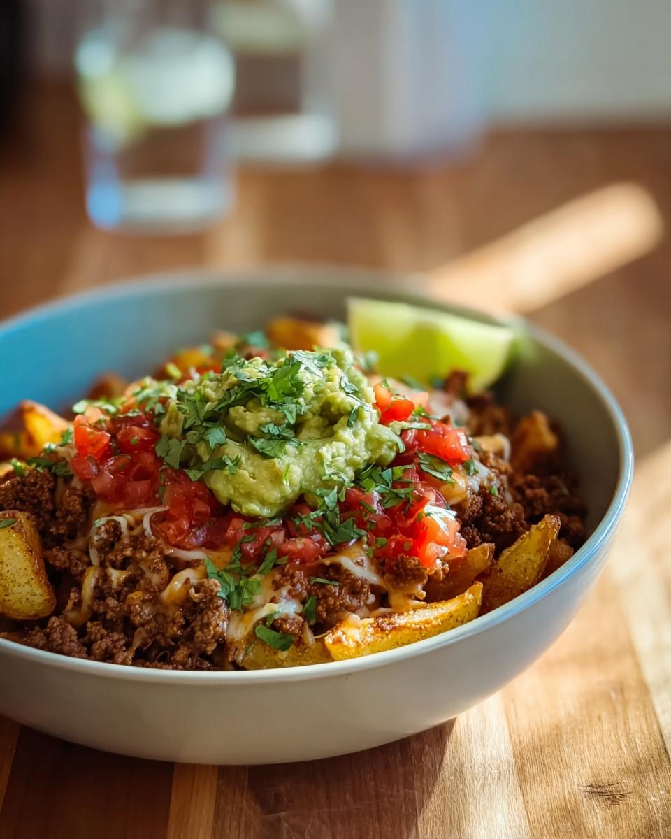 A close-up of a Schnelle Kartoffel Taco Bowl Meal Prep, featuring seasoned potatoes topped with seasoned ground beef, cheese, pico de gallo, and guacamole.