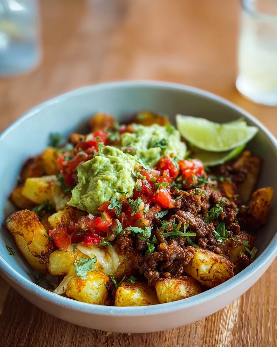 A close-up of a Schnelle Kartoffel Taco Bowl Meal Prep with seasoned ground meat, pico de gallo, guacamole, and lime wedges.