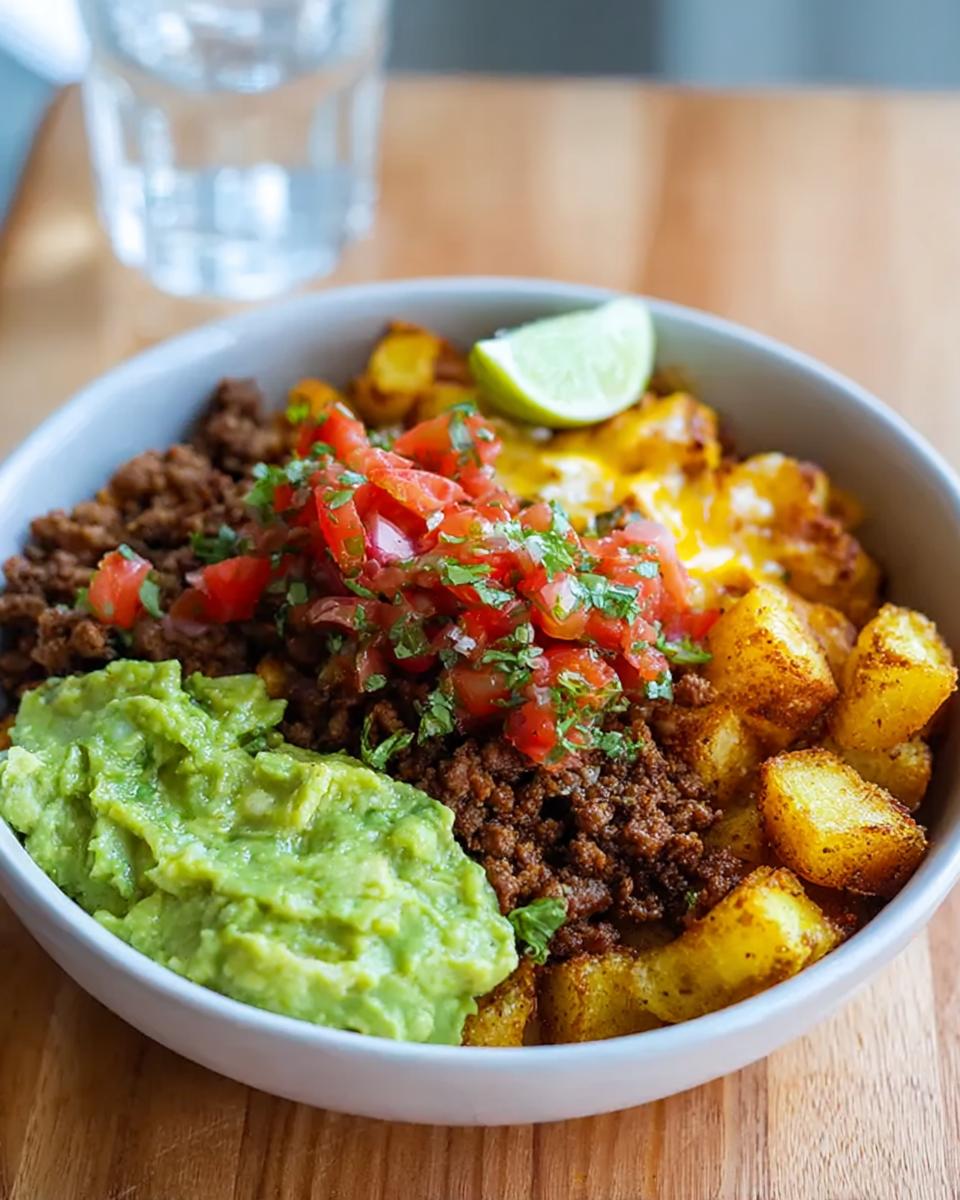 A delicious Schnelle Kartoffel Taco Bowl Meal Prep with seasoned ground meat, guacamole, pico de gallo, and crispy potatoes, topped with cheese and lime.
