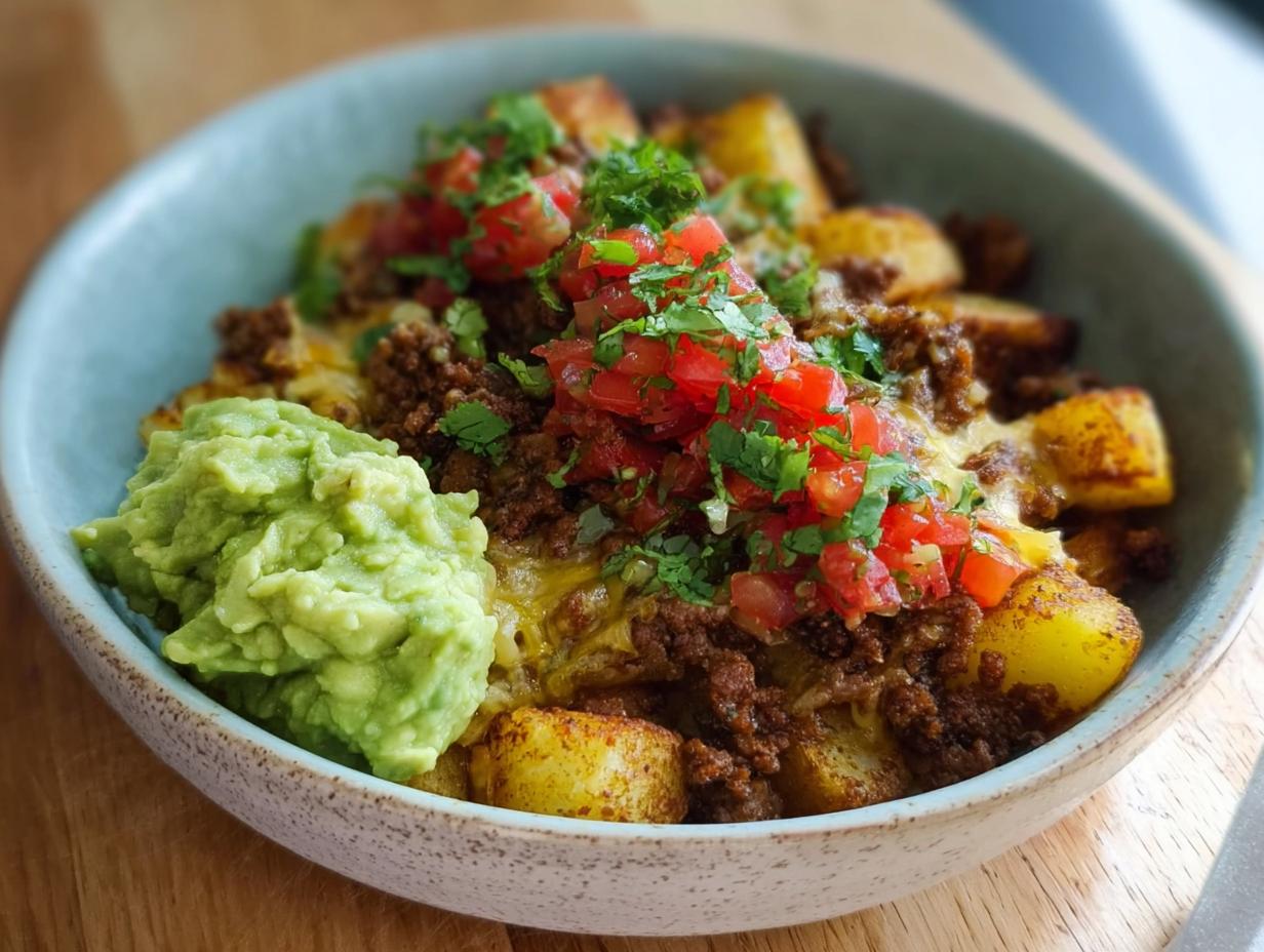 A close-up of a Schnelle Kartoffel Taco Bowl Meal Prep, featuring seasoned potatoes, ground meat, melted cheese, pico de gallo, and guacamole.