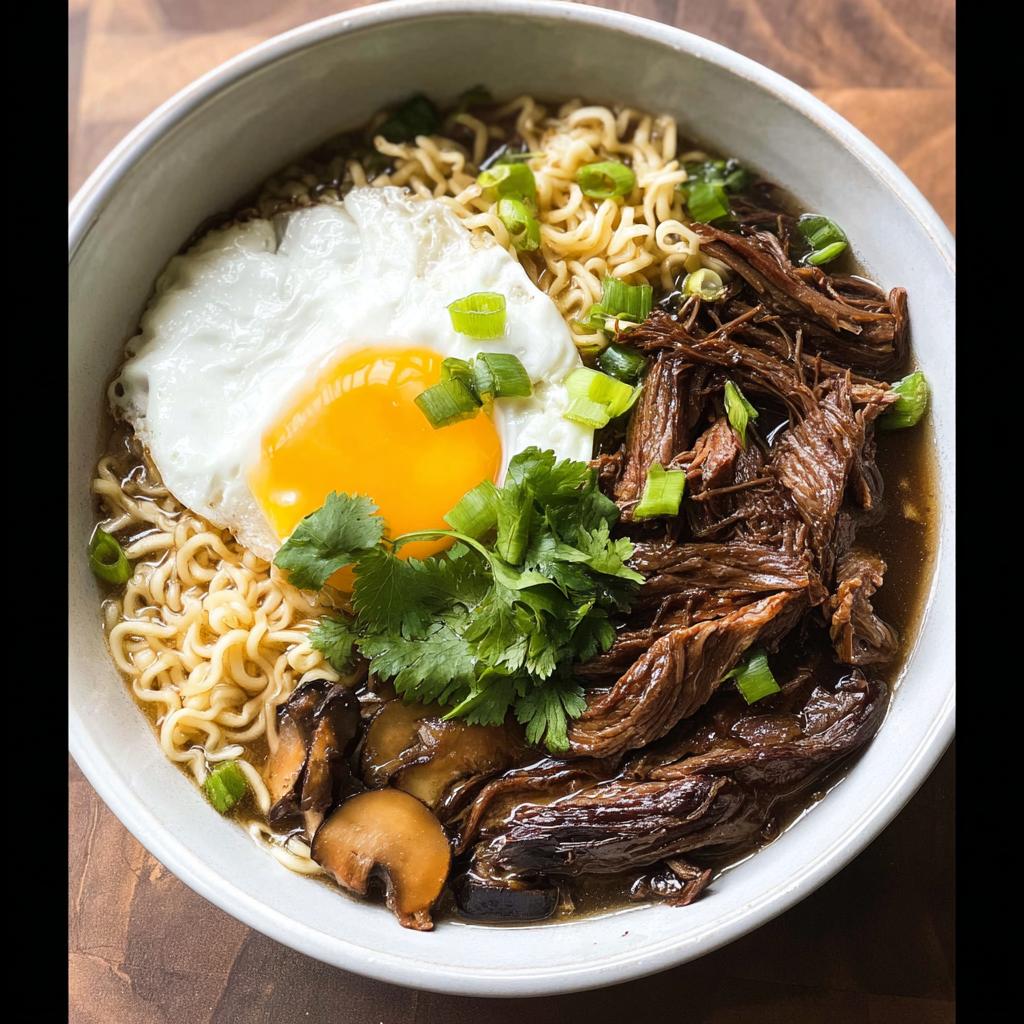 A bowl of Slow Cooker Beef Ramen Noodles topped with a fried egg, shredded beef, mushrooms, and green onions.