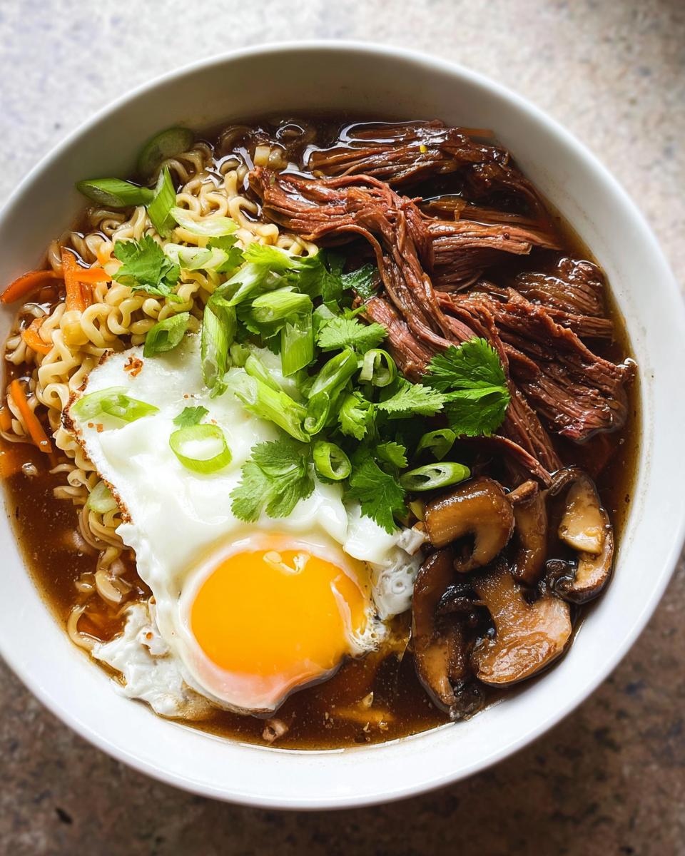 A delicious bowl of Slow Cooker Beef Ramen Noodles topped with a fried egg, mushrooms, green onions, and cilantro.