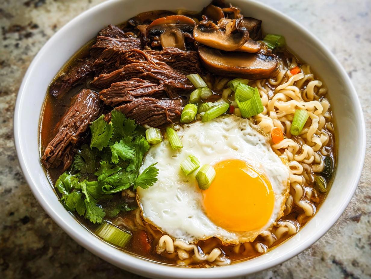 A bowl of Slow Cooker Beef Ramen Noodles topped with shredded beef, mushrooms, a fried egg, and green onions.