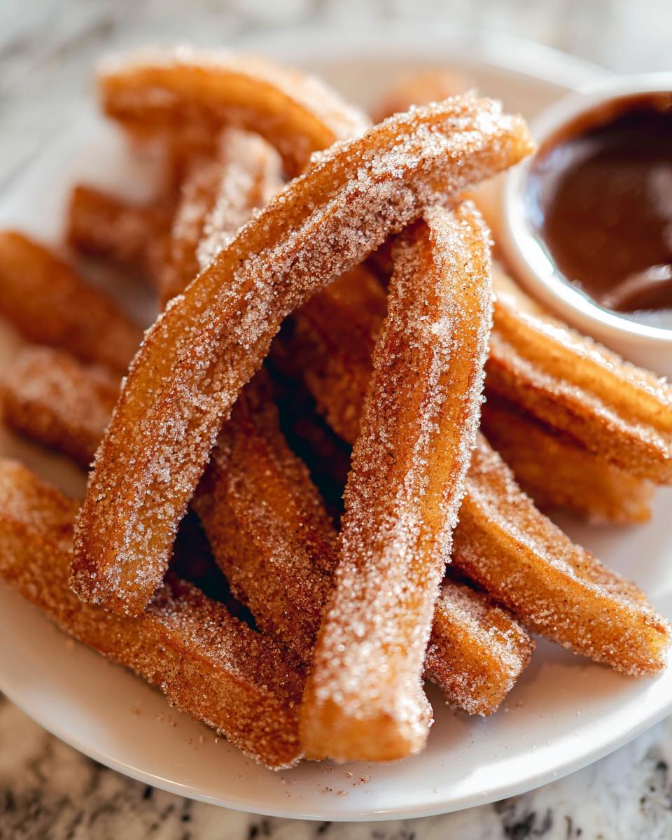 A pile of golden brown, sugar-coated Spanish churro pancakes served with a side of rich chocolate dipping sauce.