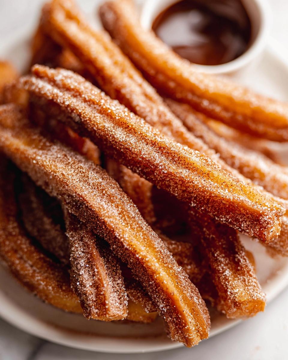 A close-up of a stack of golden-brown Spanish churro pancakes coated in cinnamon sugar, with a small dish of chocolate sauce in the background.