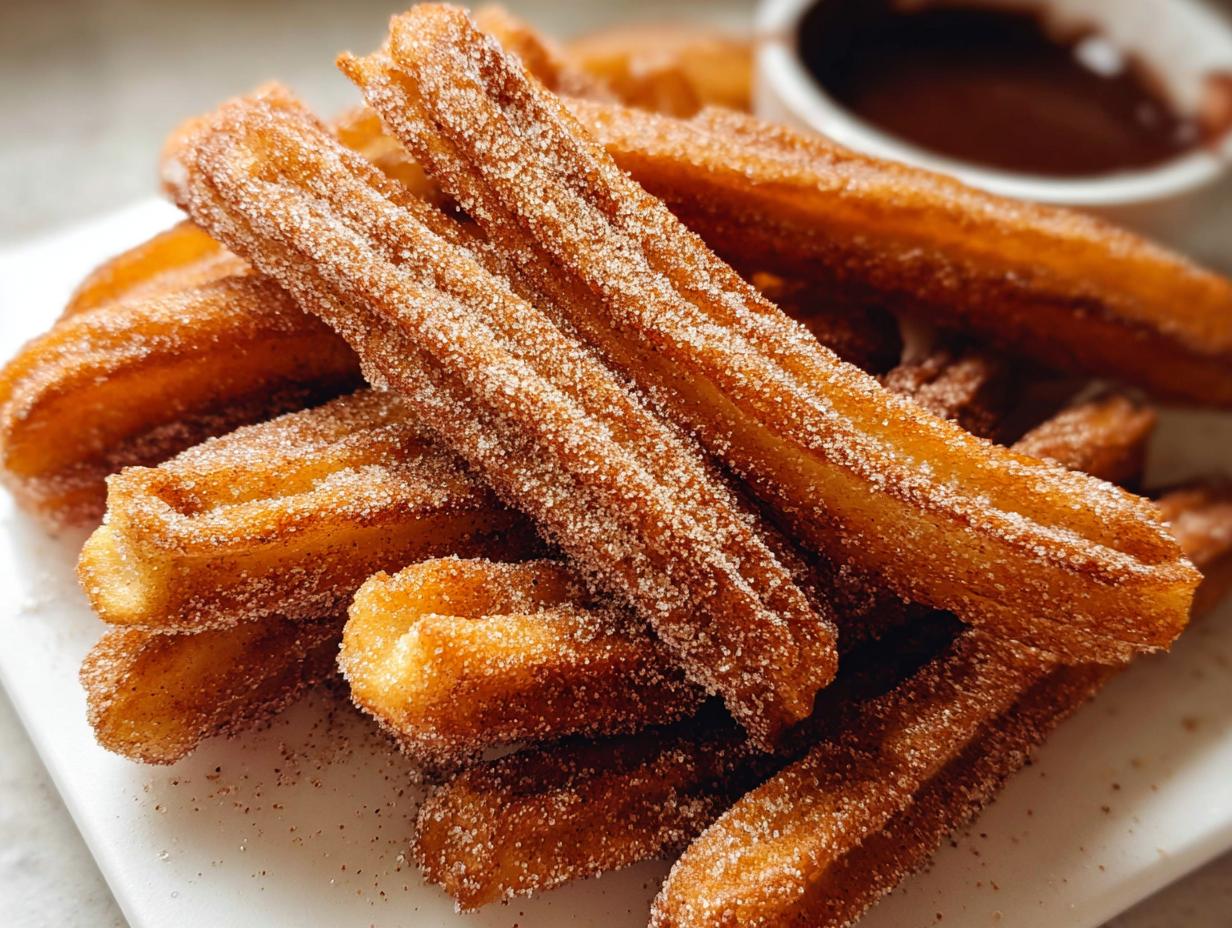 A close-up of a stack of golden-brown Spanish churro pancakes coated in cinnamon sugar, with a small bowl of chocolate dip in the background.