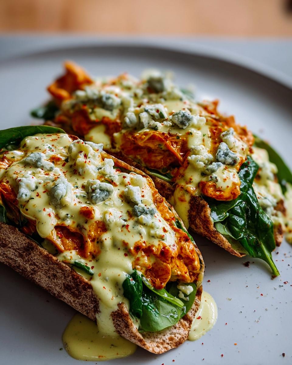 Two Spicy Buffalo Chicken Wraps filled with shredded chicken, spinach, blue cheese, and sauce.