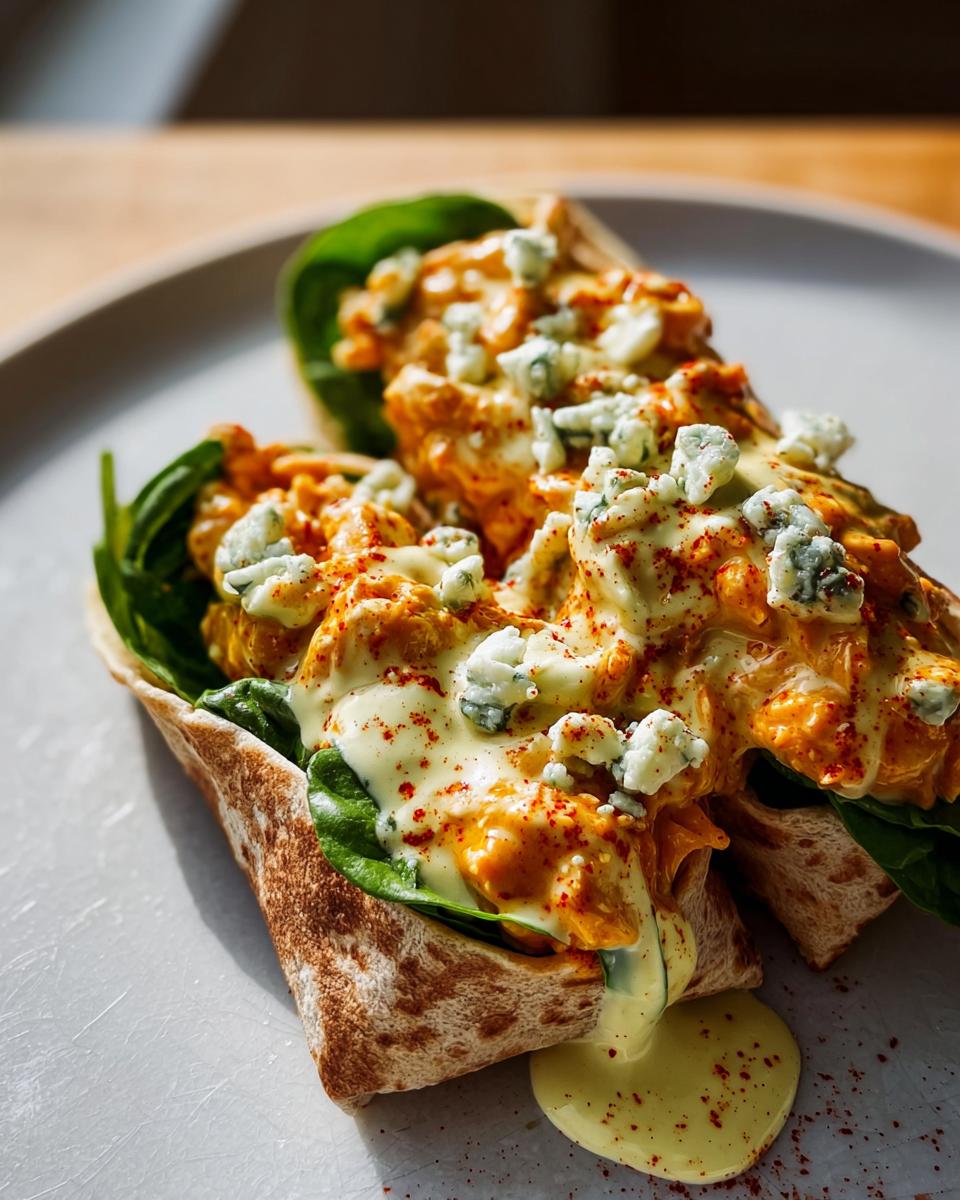 Two Spicy Buffalo Chicken Wraps filled with shredded chicken, spinach, blue cheese crumbles, and a creamy sauce.