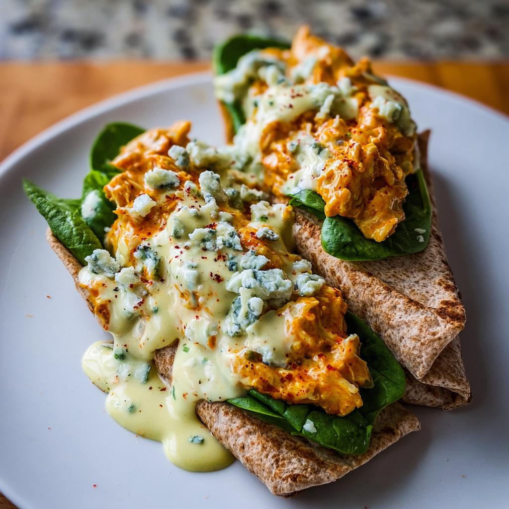 Two delicious Spicy Buffalo Chicken Wraps for Two, topped with blue cheese crumbles and creamy sauce.