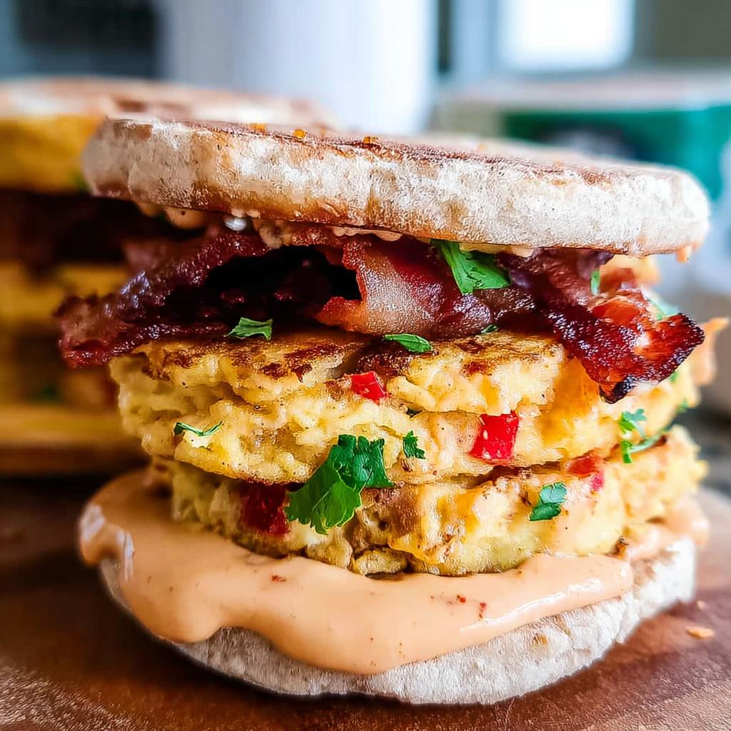 Close-up of a stacked Spicy Chipotle Egg Breakfast Sandwich with crispy bacon and creamy sauce.