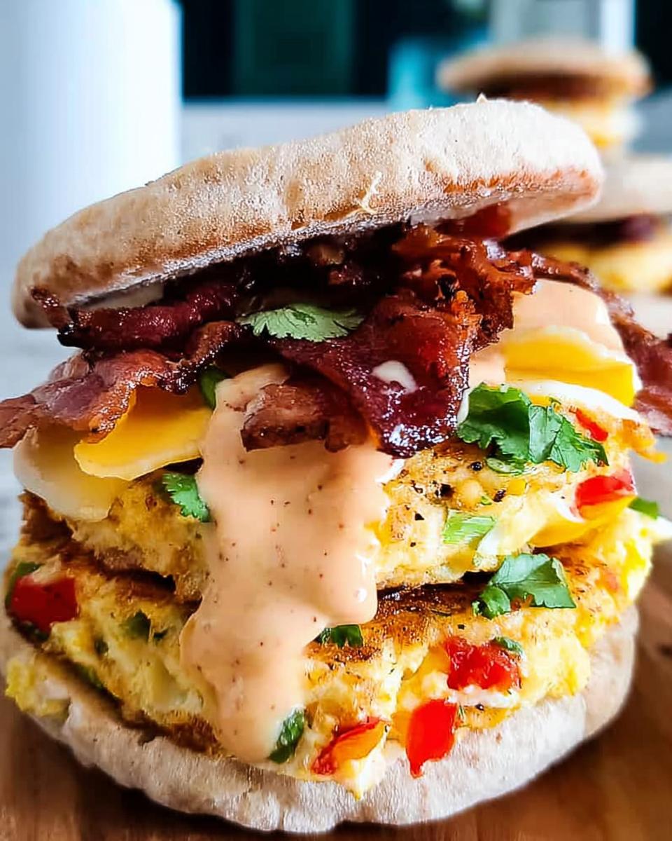 A close-up of a Spicy Chipotle Egg Breakfast Sandwich stacked high with bacon, cheese, and a creamy sauce.
