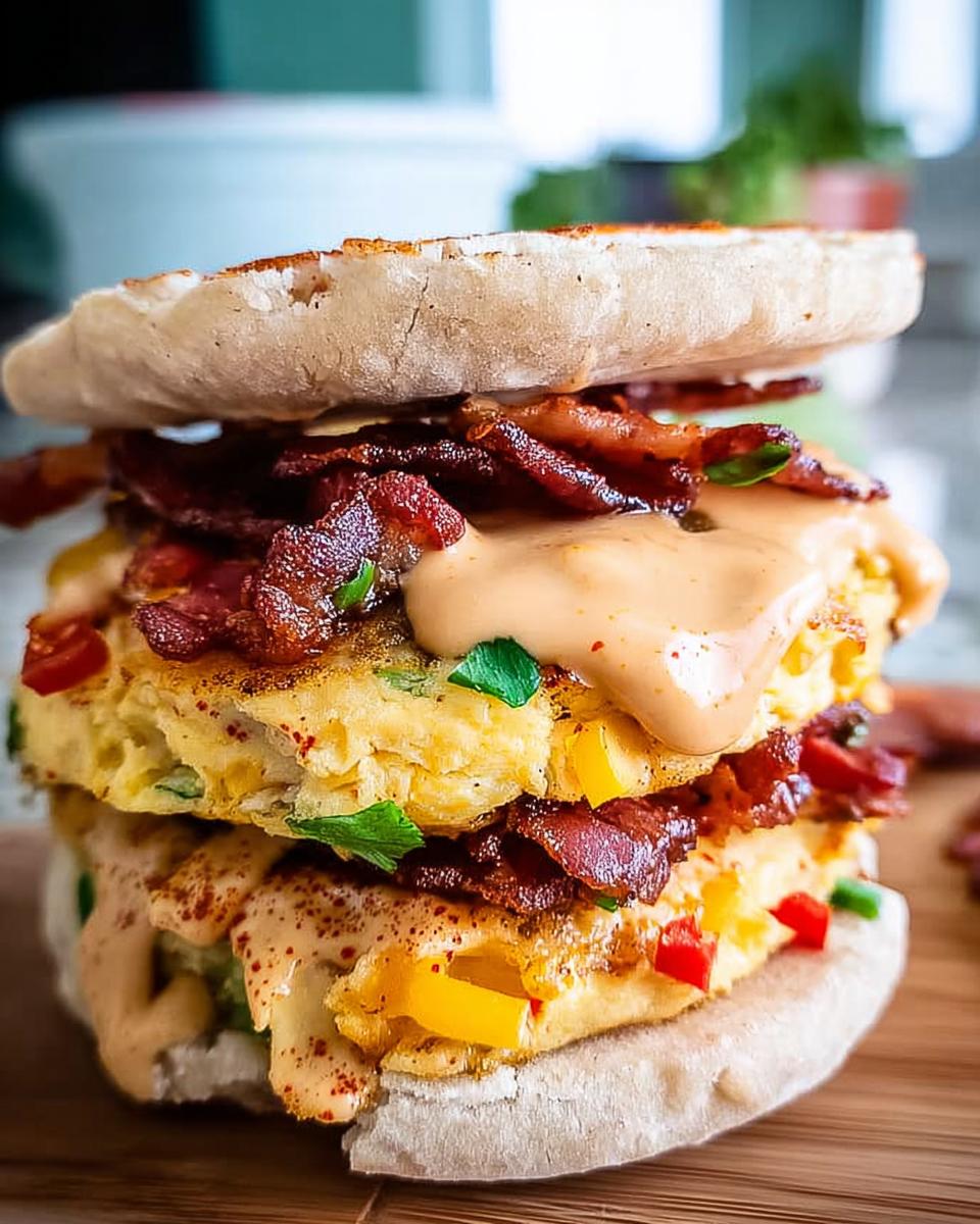 A tall Spicy Chipotle Egg Breakfast Sandwich stacked with bacon, egg patties, peppers, and chipotle sauce.