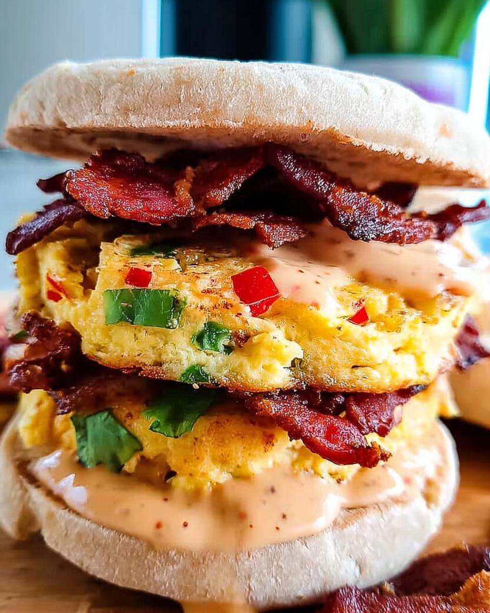 A close-up of a Spicy Chipotle Egg Breakfast Sandwich stacked with crispy bacon and a creamy sauce.